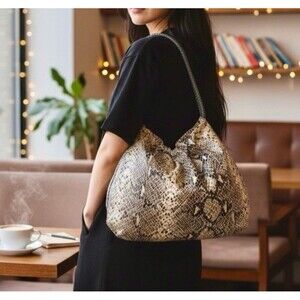 Brighton Large Nolita Python Snakeskin Embossed Leather Handbag Brown and Tan